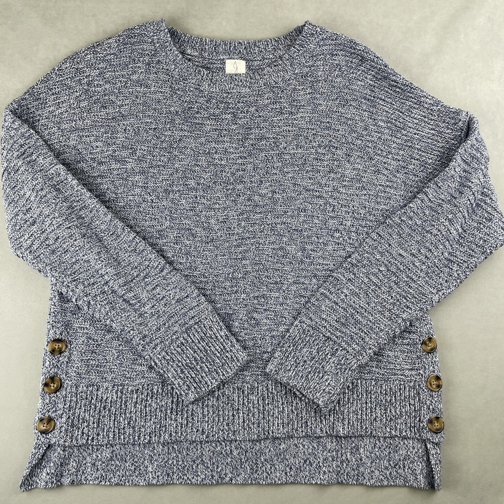 Joie Blue Marled Knit Side Button Crewneck Sweater Womens Large Pullover Coastal